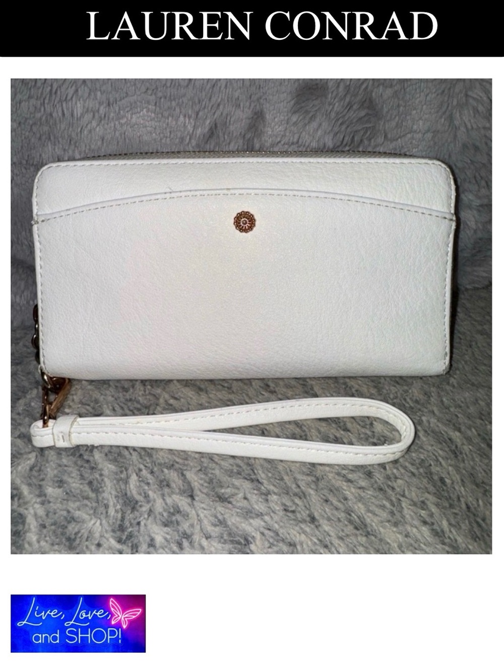 LAUREN CONRAD “Marshmallow” White Leather Sade RFID-Blocking Wristlet Wallet,EUC